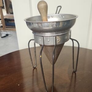 Metal Food Strainer with Wooden Pestle - Silver
